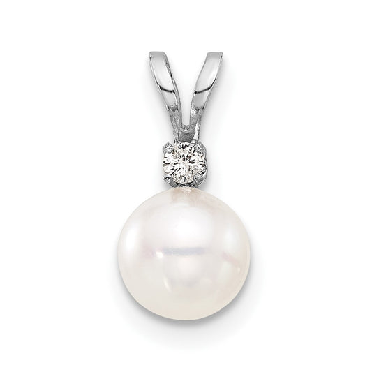 14K White 6-7mm Round White Akoya Pearl and .03ct Diamond Pendant