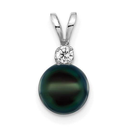 14kw 7-8mm Black Round Saltwater Akoya Cultured Pearl Diamond Post Pendants