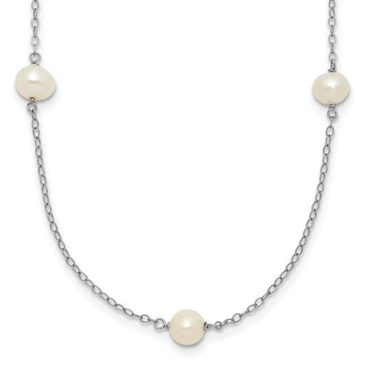 14K White Gold 5-6mm Round White FWC Pearl 7 Station Necklace