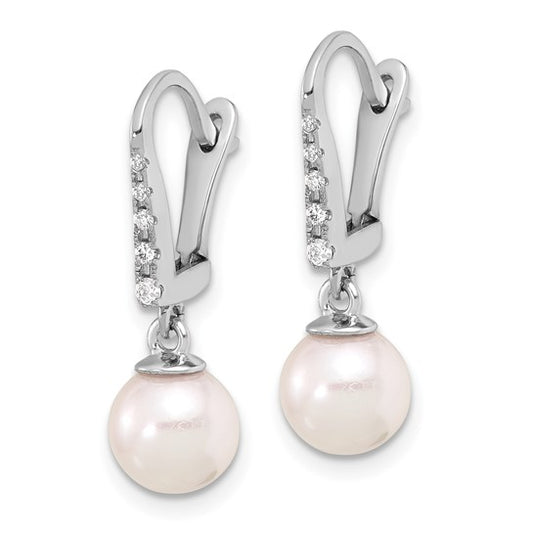 14K White Gold 6-7mm Rnd Wht Akoya Pearl and .085ct Dia Dangle Earrings