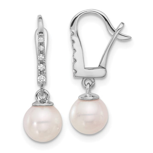 14K White Gold 6-7mm Rnd Wht Akoya Pearl and .085ct Dia Dangle Earrings