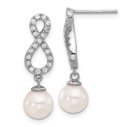 14K White Gold 7-8mm Wht Akoya Pearl and .40ct Dia Infinity Post Earrings
