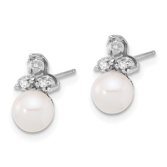14K White Gold 5-6mm Round White FWC Pearl .06ct Dia Post Earrings