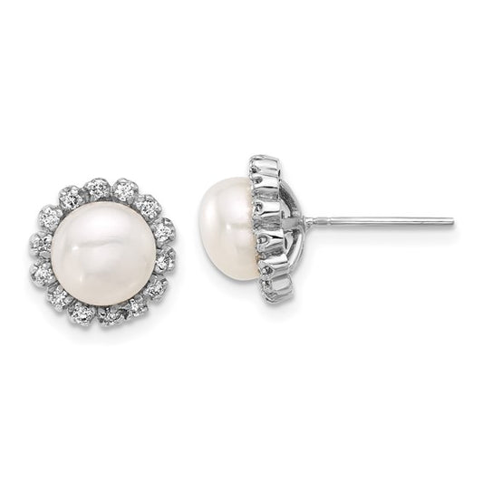 14K White Gold 7-8mm Button White FWC Pearl and .28ct Dia Post Earrings