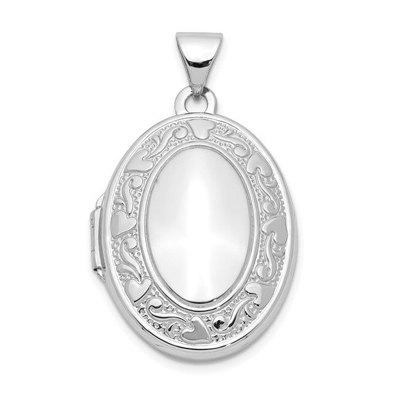 14k White Gold Heart and Scroll Border Oval Locket