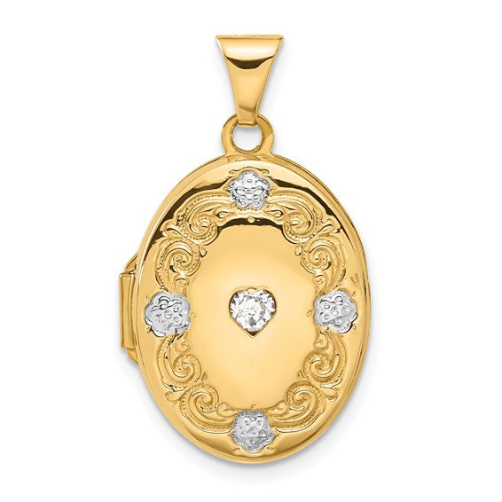 14k Yellow Gold with White Rhodium Floral and Heart CZ 21mm Oval Locket