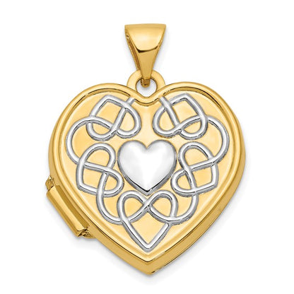 14ky with White Rhodium Knotted Heart of Gold Reversible Heart Locket