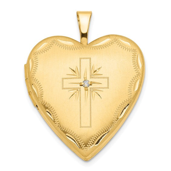 14ky 20mm Diamond Satin and D/C Cross Heart Locket