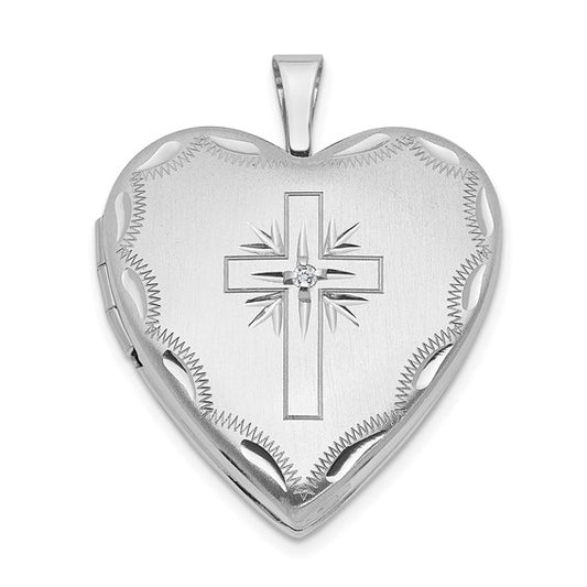 14k White Gold 20mm Diamond Satin and D/C Cross Heart Locket