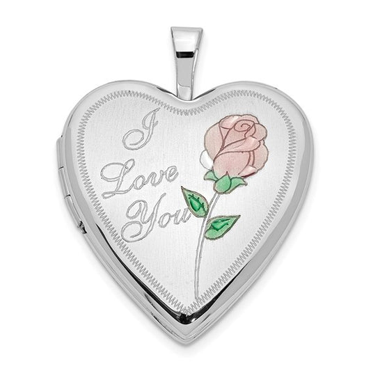 14K 20mm White Gold Enamel Rose I LOVE YOU Heart Locket