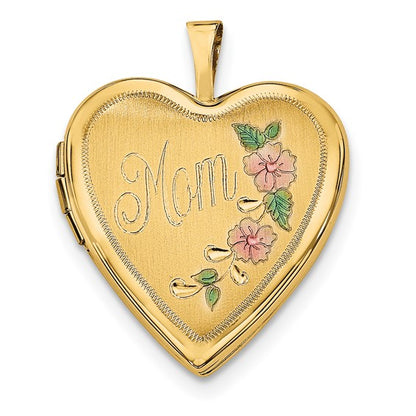 14ky 20mm Enameled Floral MOM Heart Locket