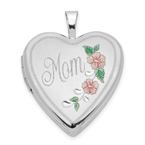 14K 20mm White Gold Enamel Flowers MOM Heart Locket