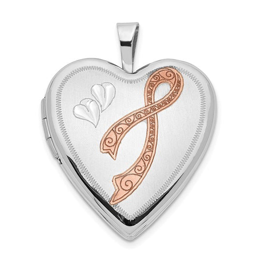 14K 20mm White Gold Enameled Breast Cancer with Hearts Heart Locket