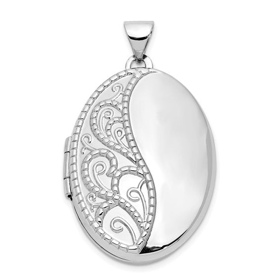 14k White Gold 26mm 1/2 Hand Engraved Scroll Oval Locket