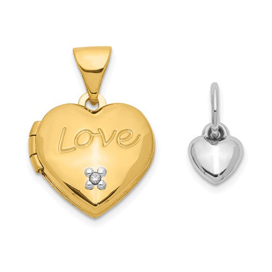14k Two-toned 12mm Diamond LOVE with Heart Charm Heart Locket