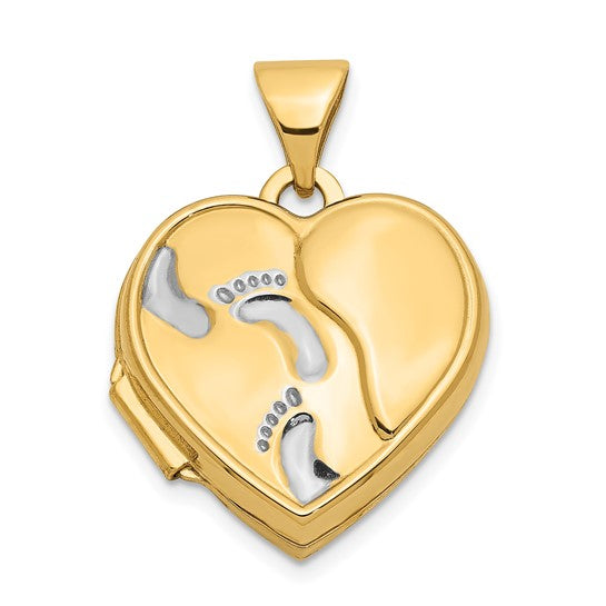 14ky with White Rhodium 15mm Heart Foot Prints Locket