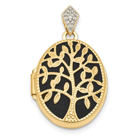 14k Polished and Textured Diamond Tree with Black Fabric Oval Locket