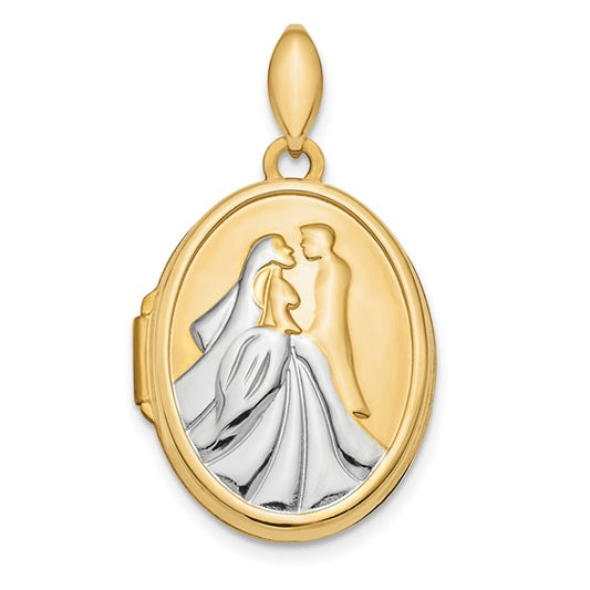 14k and Rhodium Polished Bride and Groom Oval Locket