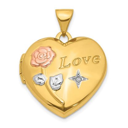 14K with White and Rose Rhodium Love Rose Diamond Heart Locket Pendant