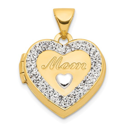 14K with White Rhodium Crystal 16mm MOM Heart Locket Pendant