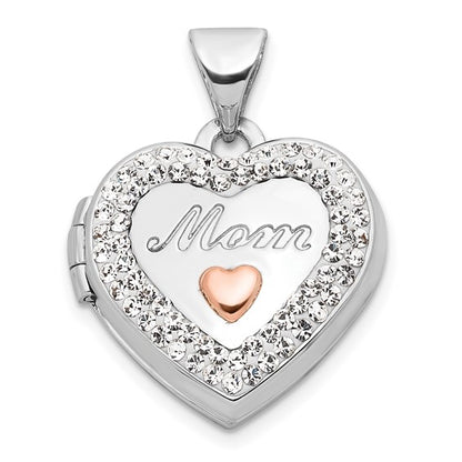 14K White Gold with Rose Rhodium Plated Crystal 16mm MOM Heart Locket Pendant