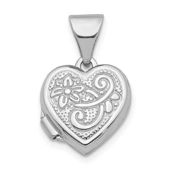 14K White Gold 11mm Flower Heart Locket Pendant