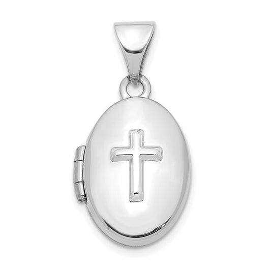 14K White Gold 16mm Cross Oval Locket Pendant