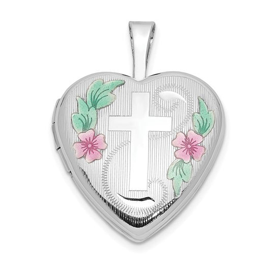 14k White Gold 16mm with Enamel Floral Cross Heart Locket