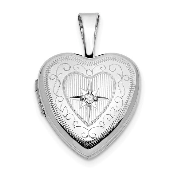 14k White Gold 12mm with .01ct. Diamond Star Heart Locket