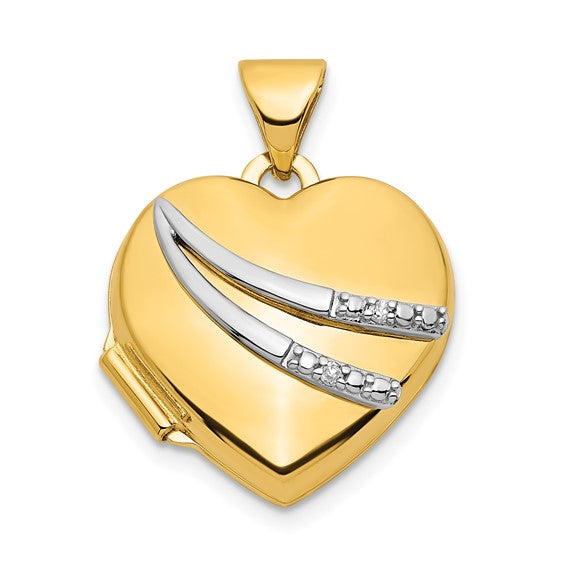 14k with White Rhodium .01ct Diamond 15mm Heart Locket