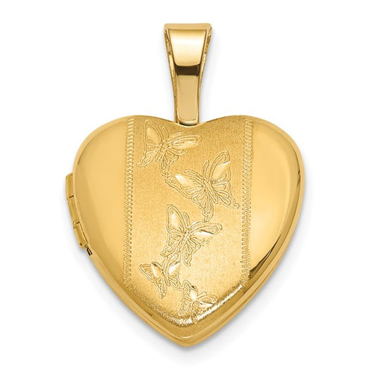 14K Polished and Satin 12mm Butterfly Heart Locket