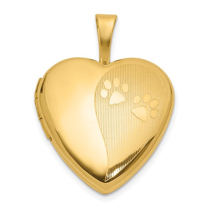 14K Textured and Polished Paw Prints 16mm Heart Locket