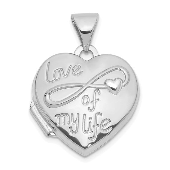 14k White Gold Polished LOVE OF MY LIFE 15mm Heart Locket