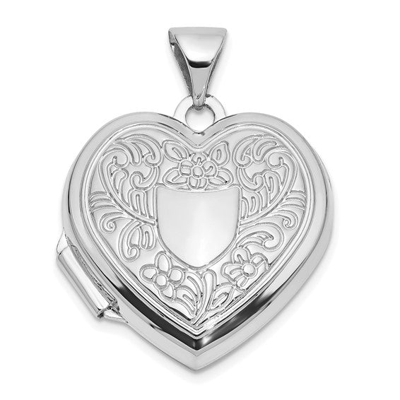 14k White Gold Polished Fancy Floral Border and Crest 18mm Heart Locket