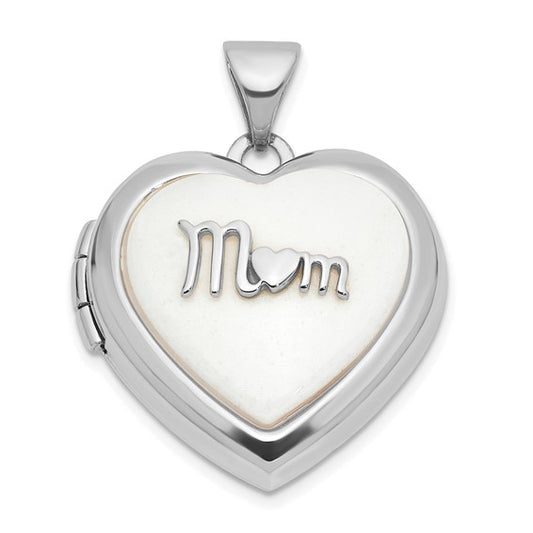 14k White Gold Polished White Agate Mom 18mm Heart Locket