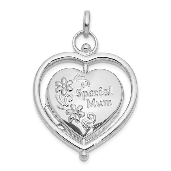 14k White Gold Floral Special Mum Reversible Heart Locket