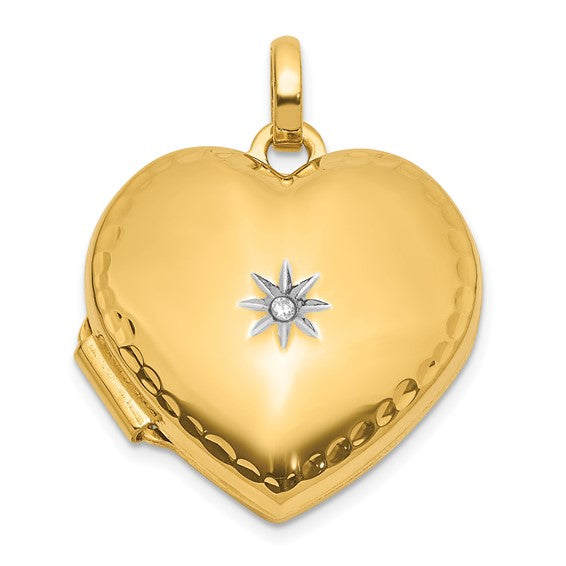 14K and White Rhodium Polished and Textured Diamond 15mm Heart Locket