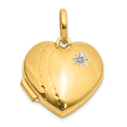 14K and White Rhodium Polished and Textured Diamond 18mm Heart Locket