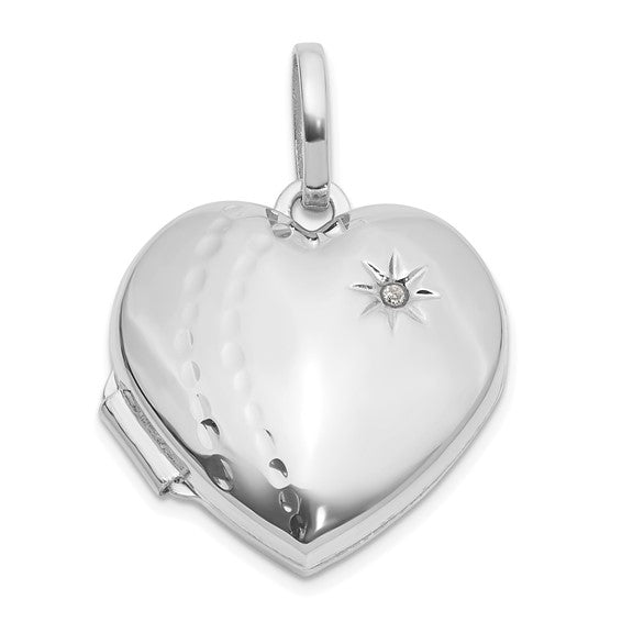 14k White Gold Polished and Textured Diamond 18mm Heart Locket