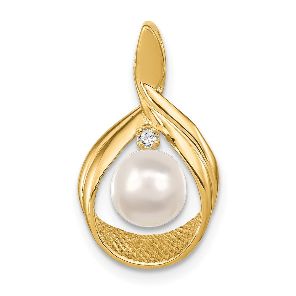 14k 7-8mm White Round Freshwater Cultured Pearl A Diamond Pendant