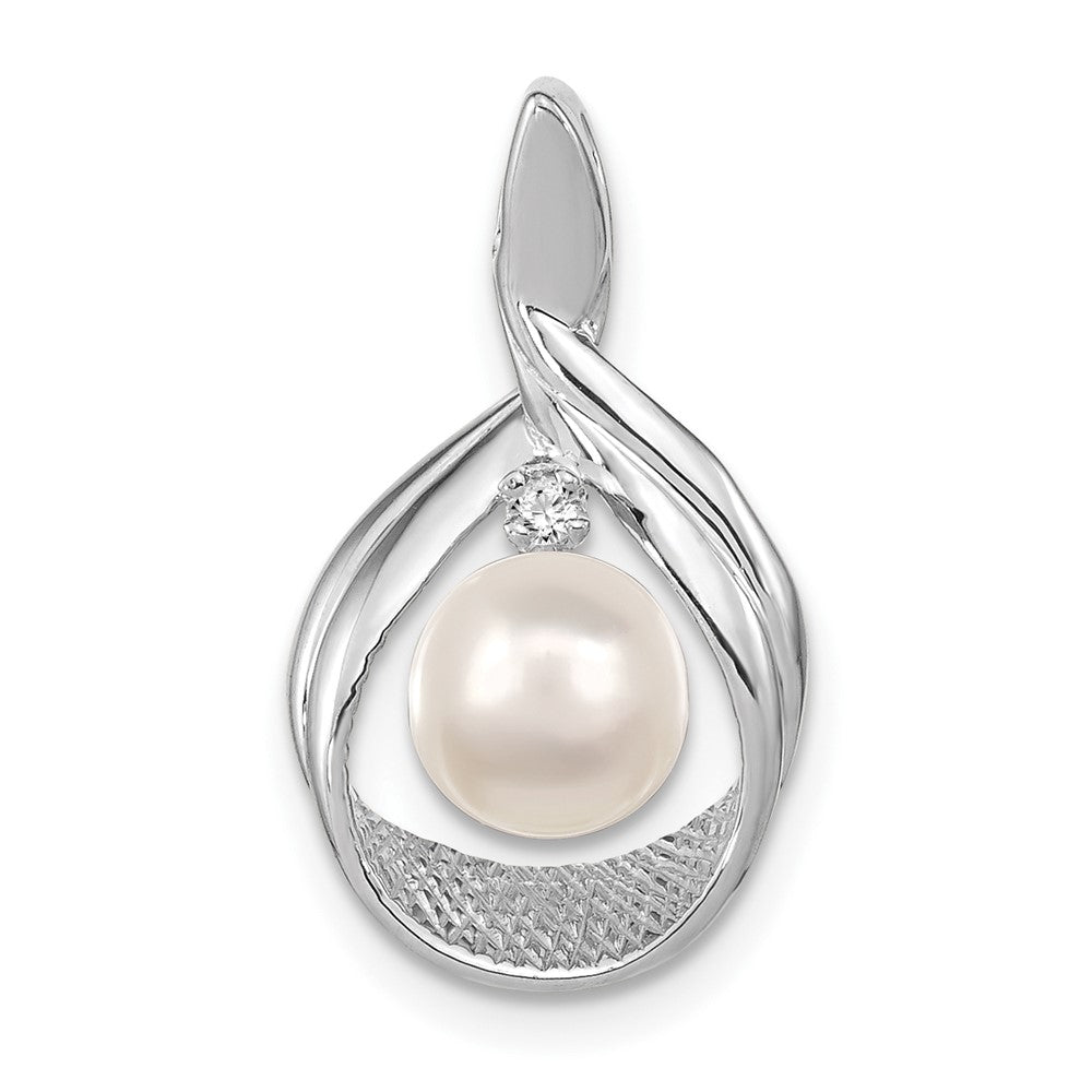 14k White Gold 7-8mm White Round Freshwater Cultured Pearl VS Diamond Penda