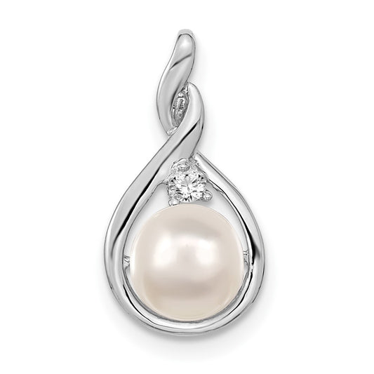14k White Gold 7-8mm White Round FW Cultured Pearl AAA Diamond Pendant