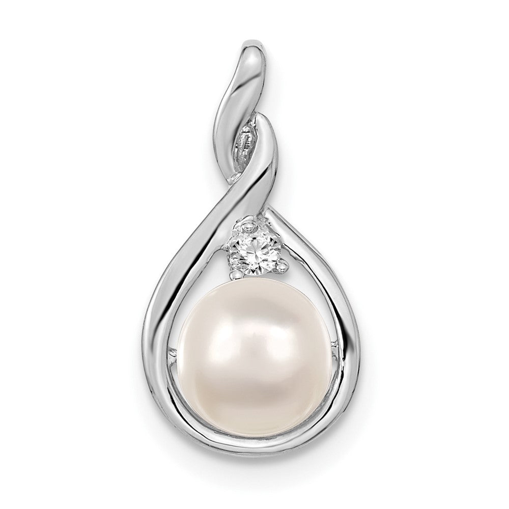 14k White Gold 7-8mm White Round FW Cultured Pearl & AA Diamond Pendant