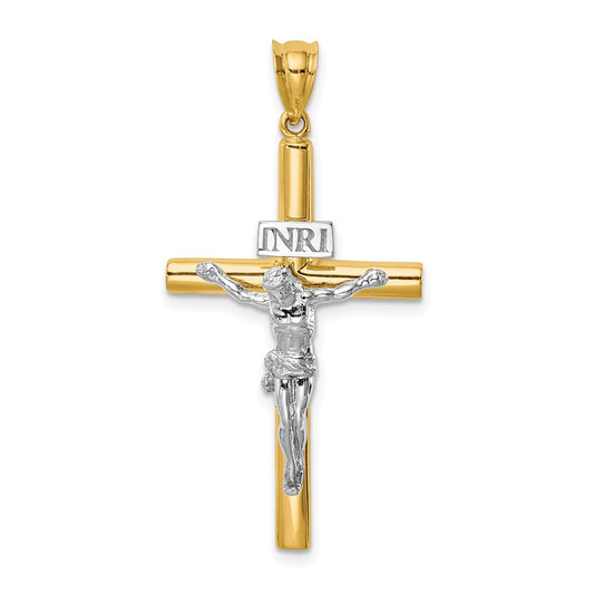14K Two-tone Polished INRI Crucifix Cross Pendant