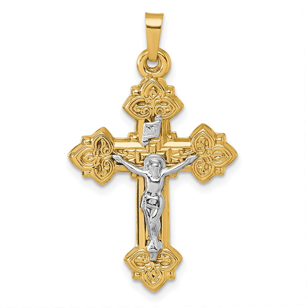 14k with White Rhodium Polished INRI Crucifix Cross Pendant