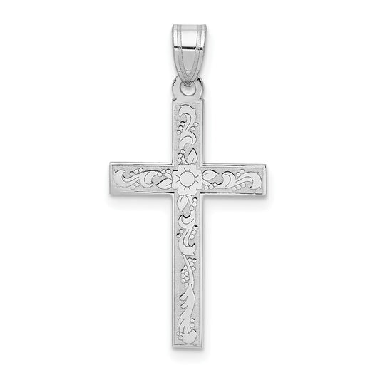 14K White Floral Cross Pendant