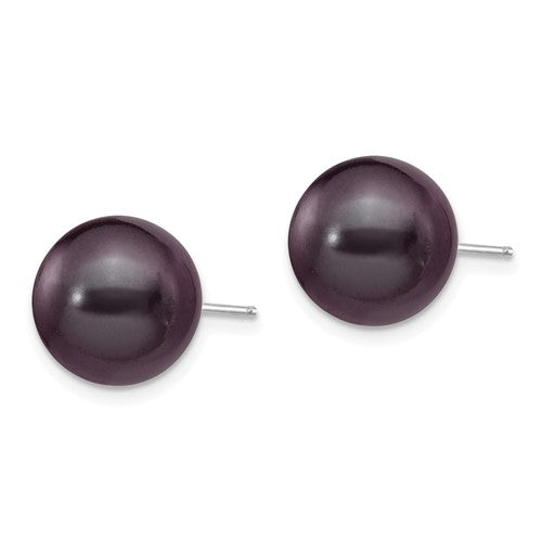 14k White Gold 10-11mm Black Round FW Cultured Pearl Stud Post Earrings
