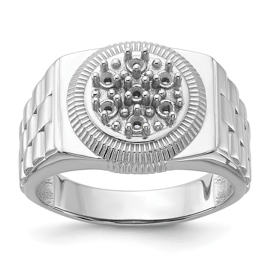 14k White Gold Ridged-Side Circular Top Mens Diamond Ring Mounting