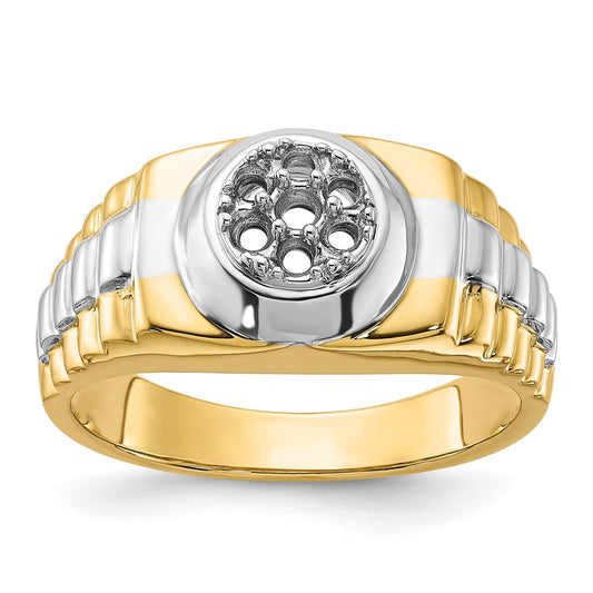 14k Two-Tone Ridged-Sides Circular Top Mens Ring Mounting