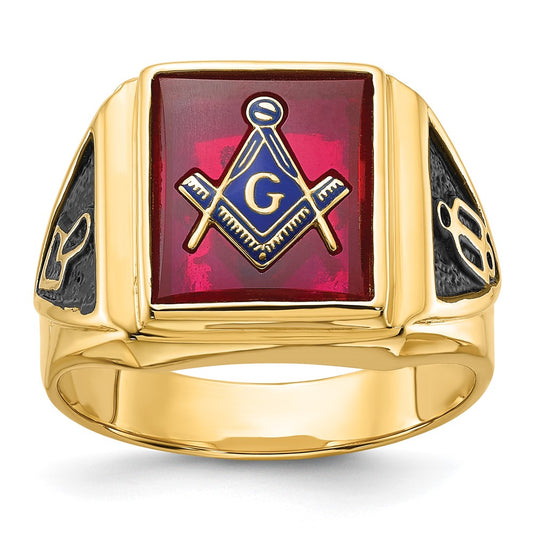 14k Men's Textured w/ Black Enamel & Lab Cr. Ruby Masonic Ring
